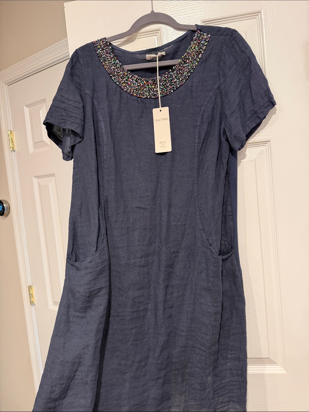 Emilia Navy Beaded Neckline Linen Shift Dress